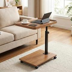 Adjustable Height C-Shaped Sofa Side Table with 360° Swivel Tray – Rolling Under-Couch Table for Living Room, Bedroom, or Small Spaces – Modern Compact Snack Desk – Square Wood Color