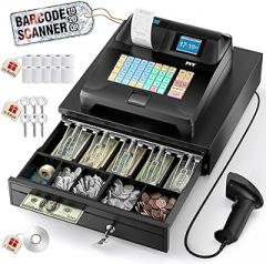 PYY Cash Register for Small Businesses with Scanner - Electronic Commercial Caja Registradora para Negocio with Large Lock Cash Drawer Box, 48 Keys, 8 Digital Dual Display for Restaurant Supermarket