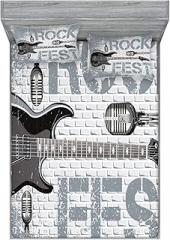 Ambesonne Rock Music Fitted Sheet & Pillow Sham Set, Grunge Color Splashed Brick Wall Background Electronic Guitar Mics Design, Decorative Printed 3 Piece Bedding Decor Set, Calking, Bluegrey