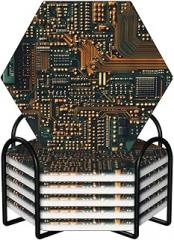 Circuits on Electronic Boards Print Hexagon Ceramic Coasters - 6-Pack for Coffee Tables, Desktop Protection and Home Decor