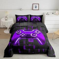 Castle Fairy Teens Gaming Comforter Set,Modern Gamer Controller Down Alternative Adults Bedroom Decor,Purple Video Games Ultra Soft Microfiber Inner Fill 3Pcs Bedding Set Queen Size