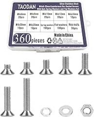 TAODAN 360PCS Silver Stainless Steel M4x6/8/10/12/16/20/25mm Countersunk Hex Socket Screws with Nuts Spring Washers and Flat Washers Set Suitable for Precision Machinery Electronic Product Printers