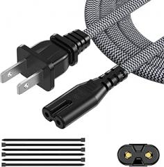 AC Power Cord 20FT (1 Pack), 2 Prong TV Power Cord, Nylon Braid Cable Replacement for Xbox One, PS3, PS4, PS5, Compatible for Printer, Monitor, Sound Bar, Game Console
