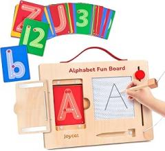 Joycat Magnetic Letter Tracing Board with Cards, Wooden Alphabet & Number Writing Tablet, Mess-Free Pre-Writing for Toddlers 3-5, Travel Activities for Preschool Learning