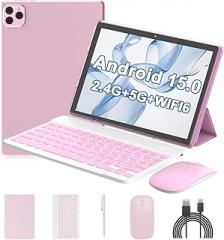 Android 15 Tablet 10 Inch, 12(3+9) GB RAM+64GB ROM, 2 in 1 Tablets with Keyboard Case Mouse Stylus, 1.8GHz Five-core Processor, 1280 * 800 IPS HD Screen, 5G WiFi6 BT 5.3 Tableta PC(Pink)