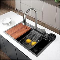 304 Stainless Steel Dishwashing Sink Honeycomb Kitchen Flying Rain Waterfall Vegetable Washing Basin Large Single Slot(6846 luxury C)