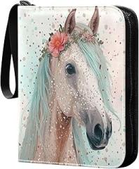 Grey Horse with Floral Card Binder 4-Pocket, 400 Pockets Trading Cards Holder Games Card Albums Storage Organizer Case for Football, Baseball Cards