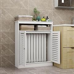 White Radiator Cover and Router Storage Cabinet, 2-Door Decorative Unit for Bathroom and Living Room, Vertical Slats Design, Organizer for Heating and Electronics (L23.6xH39.3x9.8in)