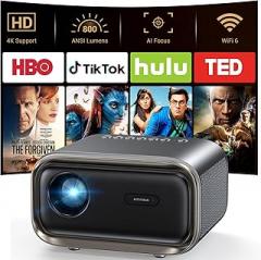 Projector with WiFi and Bluetooth: [Auto Focus/Keystone] - NICPOW Full HD 1080P 4K Supported Portable Bluetooth Projector for Gaming Devices and Phones - Ideal for Indoor Outdoor Use - Grey