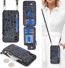Cavor for iPhone Xs Max Wallet Case with Card Holder for Women,for iPhone Xs Max Case with Strap,Crossbody Lanyard and Wristlet Zipper Pocket Phone Cover-Leopard Black