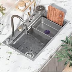 Kitchen Sink with Waterfall Faucet Stainless Steel Large Single Slot Gun Grey Left Drain Wash Basin with Knife Box Above Counter(75x45cm-T2-WT)