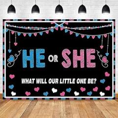MHLSWY 5x3FT Polyester Gender Reveal Banner He or She Blue Pink Boy Girl Baby Shower Background Photo Party Backdrop Gender Reveal Surprise Supplies Banner Photography