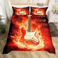 Flame Guitar Duvet Cover Set Twin Size,Hip-pop Music Bedding Sets 2Pcs for Kids Girls Boys Adult Room Decor,Electronic Musical Comforter Cover Red Black Modern Quilt Cover,1 Pillowcase