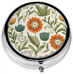 Retro Floral Mandala Tulips and Daisies Round Pill Case, Portable Pill Box for Pocket Metal Medicine Vitamin Organizer 3 Compartment Three Times A Day