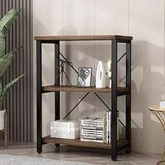 3 Tier Industrial Solid Wood Bookcases, Open Etagere Bookshelf with Metal Frame, Rustic Wood and Metal Shelving Storage Organizer for Living Room Book Shelves Furniture (AY01-3tier)