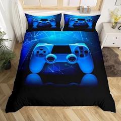Games Bedding Set for Boys Teens Girls Gifts Blue Game Room Sci-Fi Style Decor Comforter Cover Player Gaming Electronic Game Pattern Duvet Cover Blue Galaxy Stripe Bedspread, Full Size, No Comforter