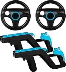 Machine-Ya Wii Zapper Gun and Steering Wheel Compatible with Nintendo Wii & Wii U Remote Game (2-Pack, Black)