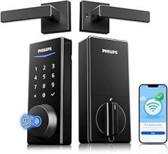 Philips Wi-Fi Smart Lock with Handles, WiFi Keyless Entry Front Door Lock Set, Keypad Deadbolt with Handle App Fingerprint Code Unlocking, Auto Locking, Built-in WiFi, Remote Control & Voice Unlock