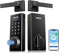Philips Wi-Fi Smart Lock with Handles, WiFi Keyless Entry Front Door Lock Set, Keypad Deadbolt with Handle App Fingerprint Code Unlocking, Auto Locking, Built-in WiFi, Remote Control & Voice Unlock