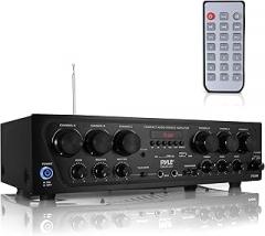 Pyle Wireless Bluetooth Karaoke Amplifier - 6 Channel 750W Power, Stereo Receiver Home Audio Amplifier w/USB,AUX, Subwoofer Out, Headphone, 2 Mic Input w/Echo, Talk-Over For PA