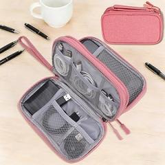 Universal Cable Organizer - Electronics Accessories Bag for USB Drives, Power Adapter, Earphones, Cords etc, Double Layer, Pink