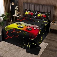 3 Piece Yellow Red Gamepad Quilt Bedding Set Women Aldult Lightweight Bedding Modern Gamer Bedspread Set Geometric Bedspread Coverlet Soft Microfiber Home Quilt Set for King Bed All Season