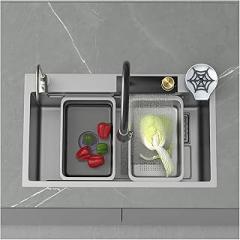 Thickened Grey Waterfall Stainless Steel Sink Wash Dishes Vegetable Basin Handmade Single Sink Kitchen Accessories(6846 D)