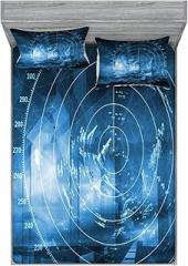 Ambesonne Navy Blue Fitted Sheet & Pillow Sham Set, Modern Ship with Radar Exposure in Screen Digital Electronic Hi Tech Futuristic Concept, Decorative Printed 3 Piece Bedding Decor Set, King, Blue