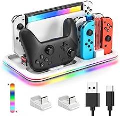 FASTSNAIL Charging Dock & Orgainzer Station & Cooling Fan for Switch 2/1/OLED, Storage Stand for JoyCon 2/1 with 12 Card Slots,Controller/Headset Holder, 9 RGB Modes (White, for Switch/OLED)