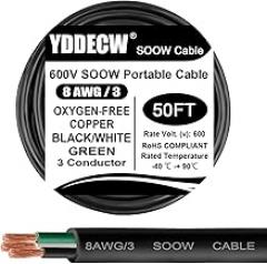 50ft 8/3 8 AWG Portable Power Cable (3 Conductor) - SOOW 600V 8 Gauge Electric Wire for Motor Leads, Portable Lights, Battery Chargers and Machinery - 3 Conductor - 50 Feet Electrical Cord
