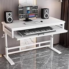 Music Studio Desk Workstation with Keyboard Tray, Organized Wiring & Keyboard Shelf Workbench Electronic Piano Midi Keyboard Music Production Recording Studio Hand-cranked Lifting Table(White,47in)
