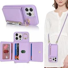 for iPhone 15 Pro Max Case with Card Holder,for iPhone 15 Pro Max Case with Strap Crossbody Lanyard Stand,PU Leather Zipper Pocket Phone Cover-Purple
