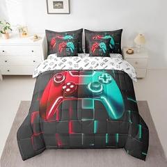 Gaming Reversible Comforter Set 7 Pcs King Size,Video Game Controller Comforter Blanket,Cool Gamepad Geometric Bedding Sets with Comforter,Flat Sheet,Fitted Sheet,Pillowcases and Pillow Covers
