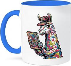 3dRose, Funny Cool Llama Reading with electronic reader Book Graffiti Abstract, 11oz Two-Tone Blue Mug