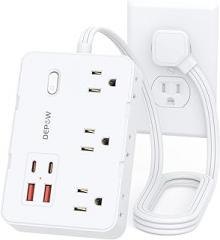 Surge Protector Power Strip with Flat Plug, 3 FT Extension Cord with 6 AC Outlets 4 USB Ports,1050J Surge Protection, Wall Mountable Charging Station for Office, Home, White