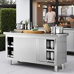 Stainless Steel Commercial Worktable W/Sliding Doors,Large Capacity Kitchen Prep Table,Heavy Duty Work Table,for Home Kitchen/Restaurant/Warehouse/Dessert Shops (Without Shelves, 39in*20in（100-50cm）)