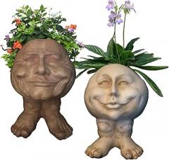 homestyles 12 in. Stone Wash White Papa John & Mama Petunia The Muggly Face Statue Holds 4 in. Planter