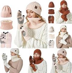 Winter Beanie Hat Scarf Gloves, Warm Fleece Knit Hat Long Scarf Neck Warmer Touch Screen Gloves Set Gifts for Women