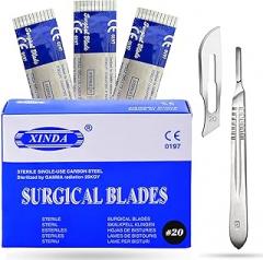 Pack of 100 Blades #20, Scalpel Blades for Knife Scalpel, High Carbon Steel Dermablade Blades. Individually Wrapped, Sterile + Free 1 Handle #4