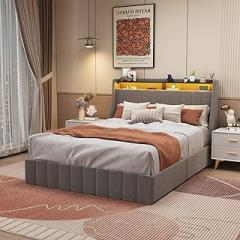 Queen Size Bed Frame with Led Upholstered Light Grey RGB Lighted Ambiance Bedroom Decor Modern Elegance