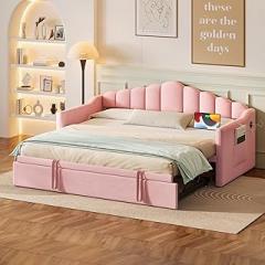SOFTSEA Twin Velvet Daybed with Pop Up Trundle, Upholstered Extendable Corner Bed with USB Ports & Storage Pockets, Twin to King Daybed Frame with Storage for Kids Teens Adults, Pink