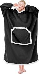 IFNOW Wearable Blanket Hoodie, Oversized Sherpa Fleece Hooded Sweatshirt with Eye Mask, Cozy and Giant Blanket Hoodie with Sleeves Extra Long for Adults Men Women, Black