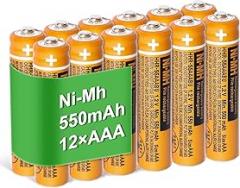12 Pack HHR-55AAABU NI-MH AAA Rechargeable Battery 1.2V 550mAh AAA Batteries for Panasonic Cordless Phones,Remote Controls, Electronics