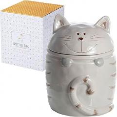 SPOTTED DOG GIFT COMPANY Ceramic Cookie Jar with Lid, Large Cat Treat Container for Cookies & Biscuits, Cute Novelty Kitchen Storage for Countertop, Gifts for Cat Lovers - 47oz Gray