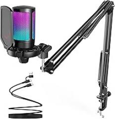 FIFINE Gaming PC USB Microphone, Podcast Condenser Mic with Boom Arm, Pop Filter, Mute Button for Streaming, Twitch, Online Chat, RGB Computer Mic for PS4/5 PC Gamer Youtuber-AmpliGame A6T