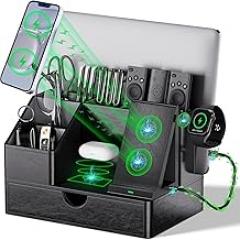 Black PU Leather Multi-Device Charging Station with Drawer - 6-in-1 Desktop Organizer for Phone, iPad, Tablet, Laptop, Watch, Headphones - Electronics Docking Hub & Storage Box for Office Home (Black)