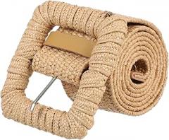 Milisten Woven Elastic Waist Belt with Square Buckle, Wide Boho Straw Style Belt for Women Dresses and Trousers, Khaki Stretch Adjustable Waistband Accessory