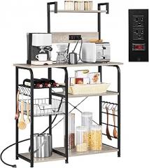 Topeakmart Industrial Kitchen Baker's Rack with Power Outlet, Utility Storage Shelf Unit with Wire Basket and Wine Storage, Coffee Bar Table Organizer with 10 Hooks, Gray