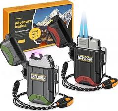 Lafagiet 2 Pack of USB-C Electric Lighter & Dual Torch Lighter Butane Gas refillable, Waterproof Windproof Lighters Multipack for Hiking, Camping, Outdoor Gear (NO Gas)