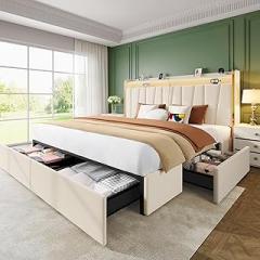 koorlian King Size Bed Frame with 4 Dustproof Drawers and 2-tier Storage Headboard, 50”Tall Upholstered Platform Bed Frame with Adjustable Headboard, Charging Station, LED Lights, Easy Assembly, Beige